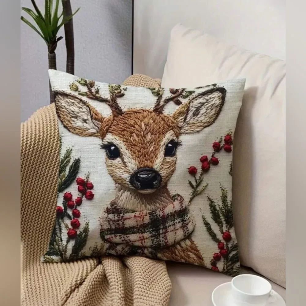 LAST ONE! NEW! (1) 2-D Print Vintage-Style Reindeer Holly Winter Pillow Cover